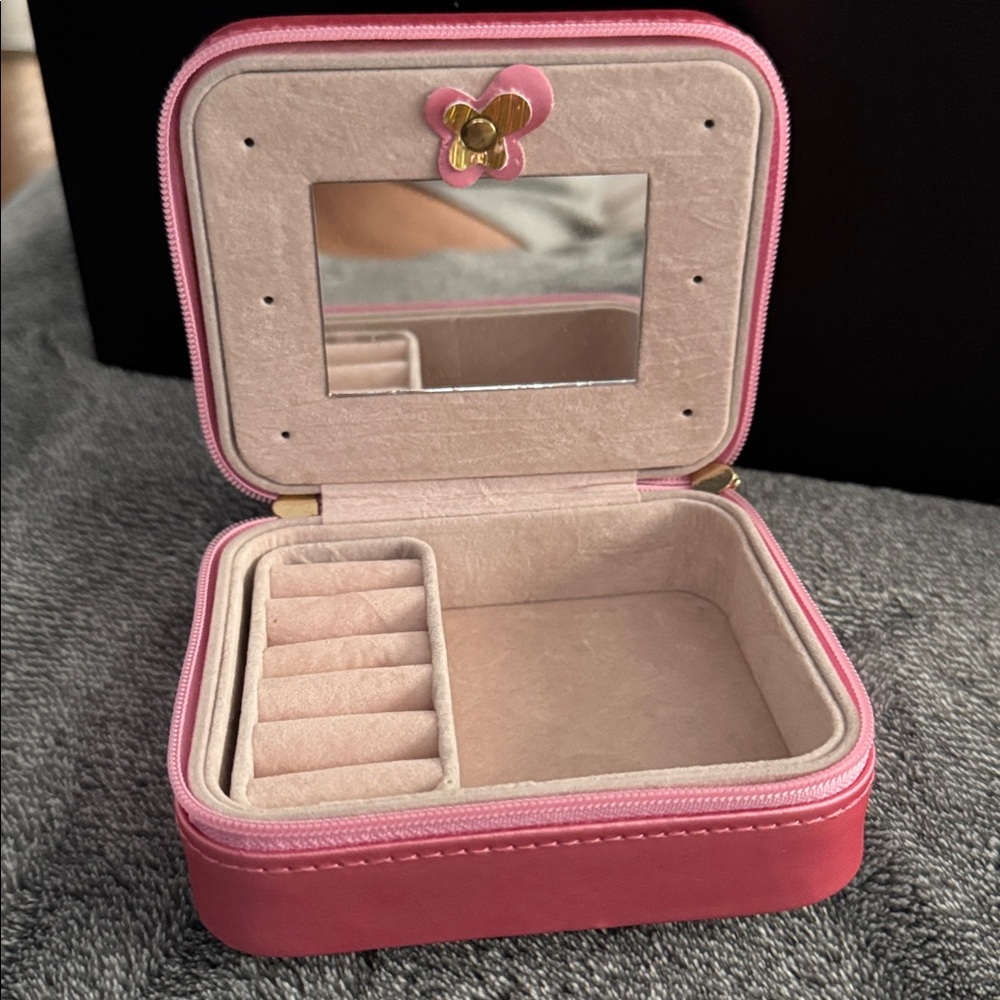 Pink Satin Travel Jewelry Box with Mirror